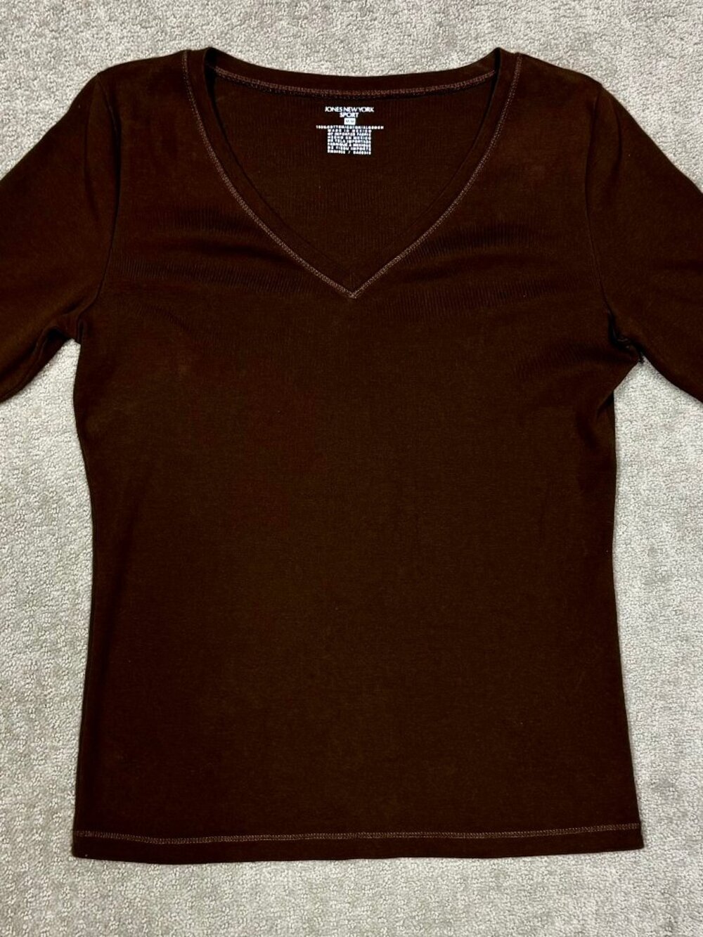 Jones New York Sport V Neck Brown T-Shirt Elbow Sleeves Cotton Sz M Women's